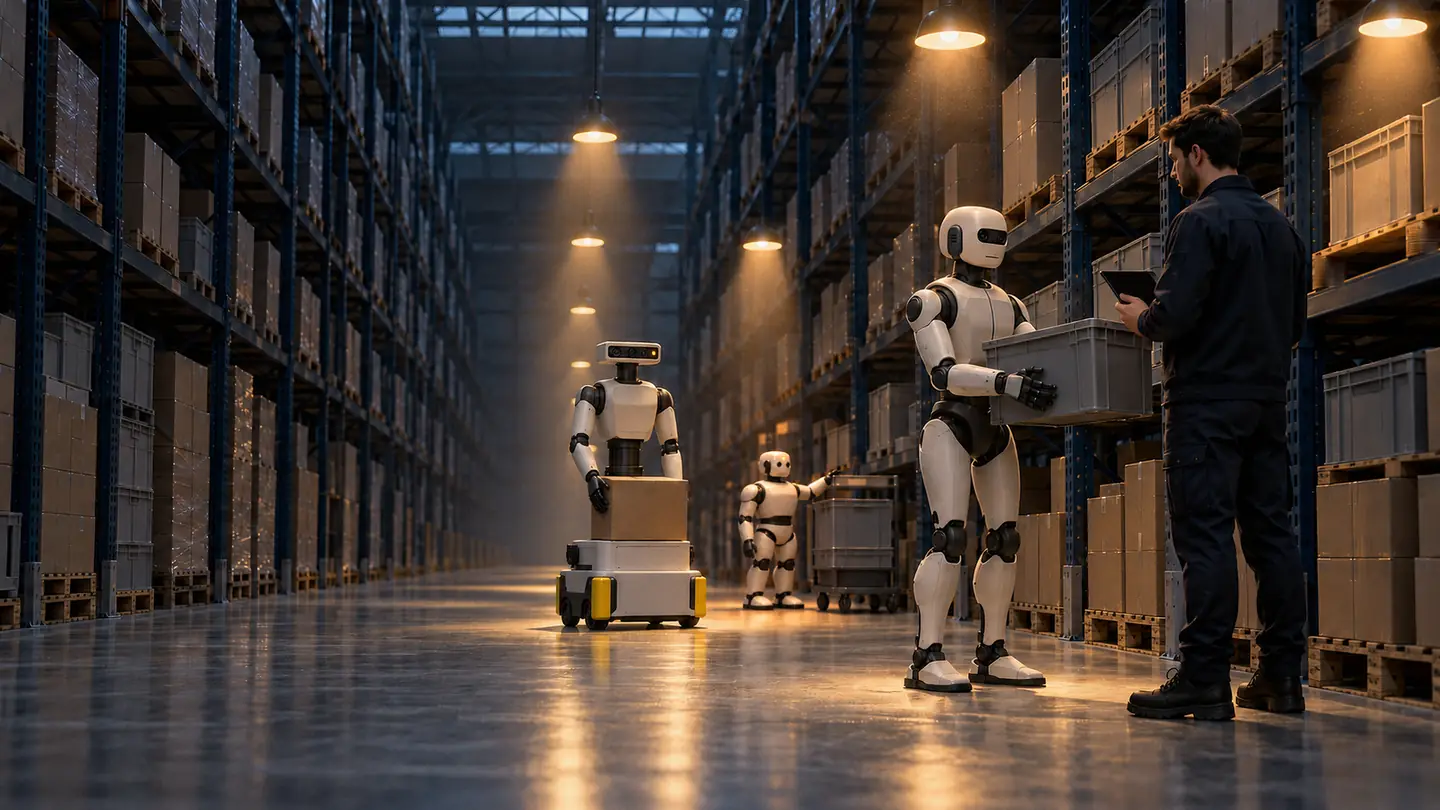 Pasillo de estanterías de un almacén de noche: en primer plano, un robot humanoide le pasa una caja de plástico a un operario con una tableta; más al fondo, un robot sobre ruedas lleva una caja y un humanoide más pequeño revisa un estante junto a un carro.
